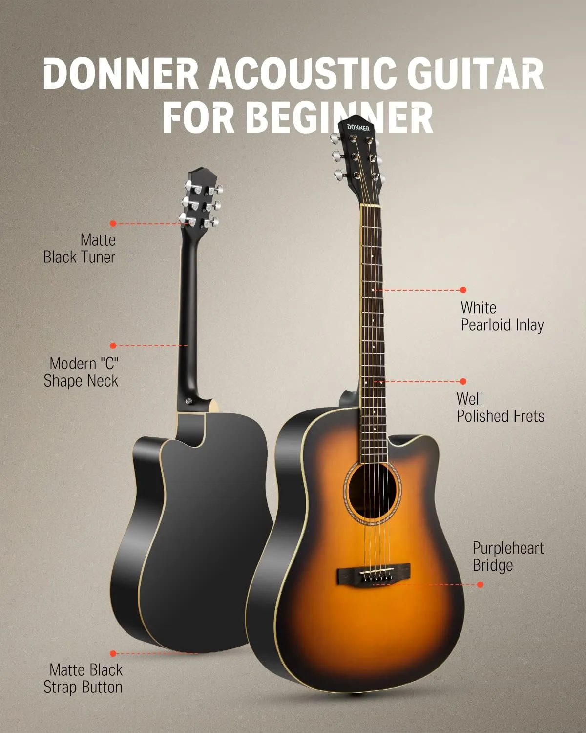 Donner Acoustic Guitar for Beginner Adult Full Size Cutaway Acustica Guitarra Bundle Kit with Free Online Lesson Bag Strap Tuner Capo Pickguard String Pick, Right Hand 41”Sunburst, DAG-1CS/DAD-160CS