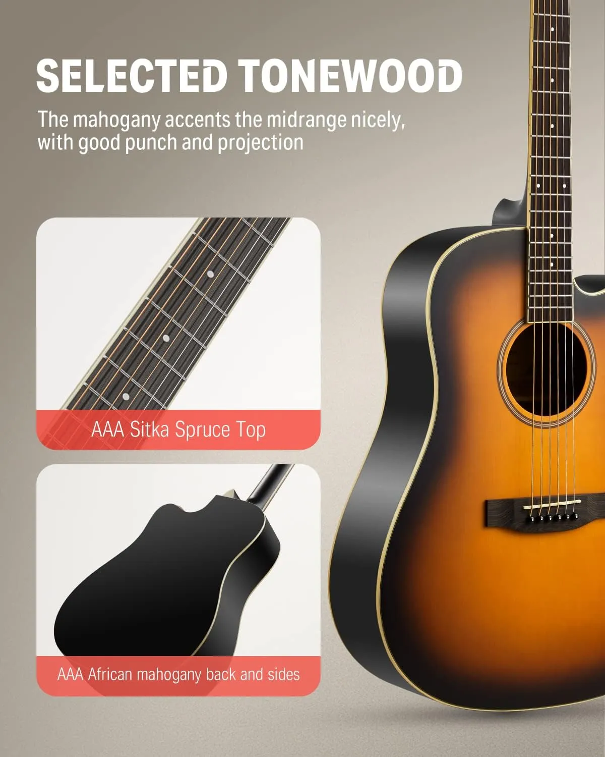 Donner Acoustic Guitar for Beginner Adult Full Size Cutaway Acustica Guitarra Bundle Kit with Free Online Lesson Bag Strap Tuner Capo Pickguard String Pick, Right Hand 41”Sunburst, DAG-1CS/DAD-160CS