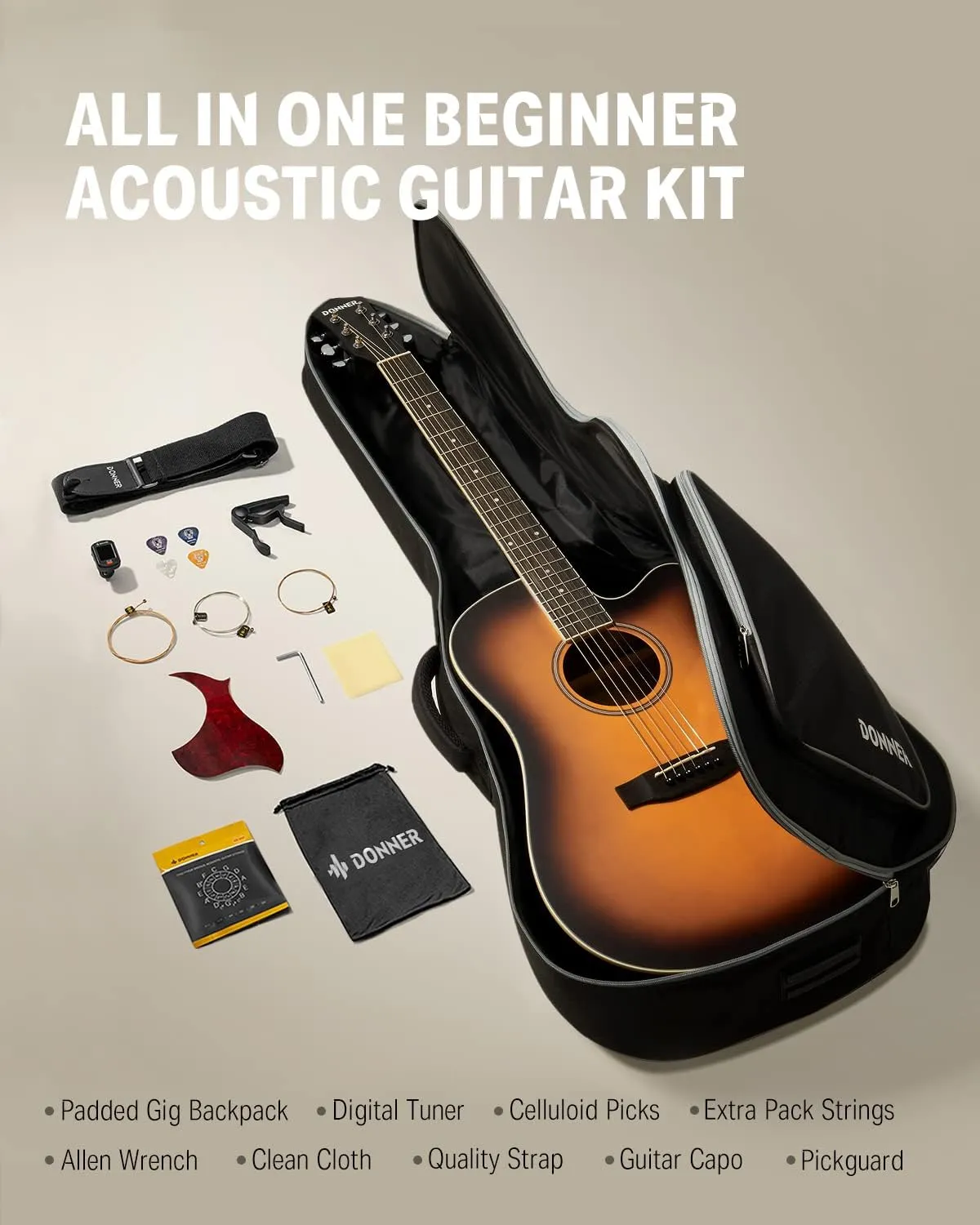 Donner Acoustic Guitar for Beginner Adult Full Size Cutaway Acustica Guitarra Bundle Kit with Free Online Lesson Bag Strap Tuner Capo Pickguard String Pick, Right Hand 41”Sunburst, DAG-1CS/DAD-160CS
