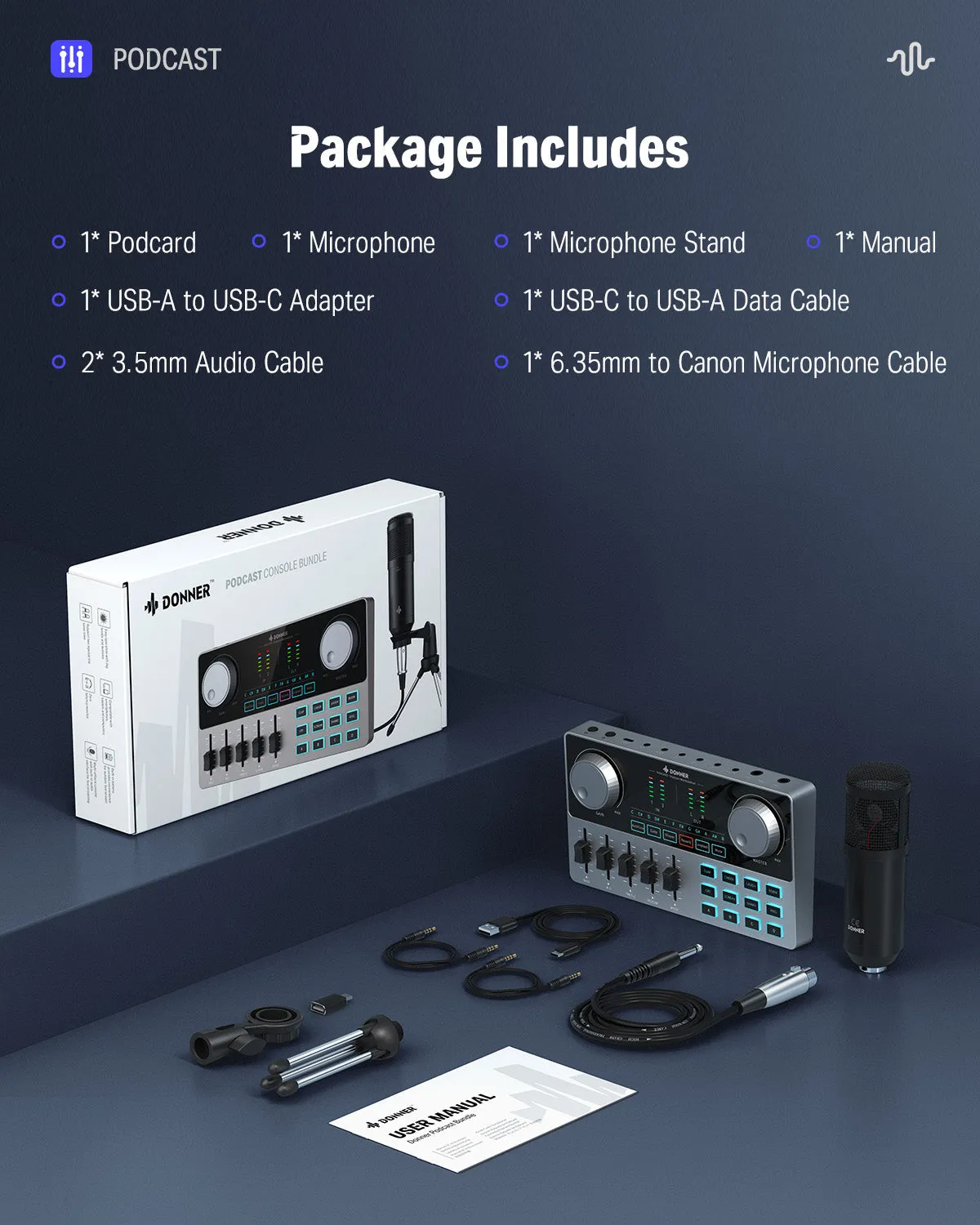 Donner Podcast Equipment Bundle Audio Interface with Sound Card Mixer and Microphone Kit