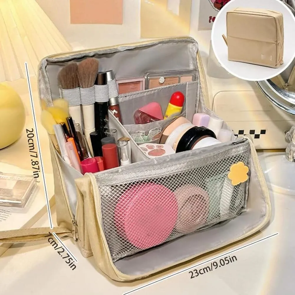 Doresty Makeup Bag with Compartments, Portable Multi-purpose Large Capacity Standing Cosmetic Bag, Travel Waterproof Spacious Vertical Toiletry Organizer (Beige-PU)