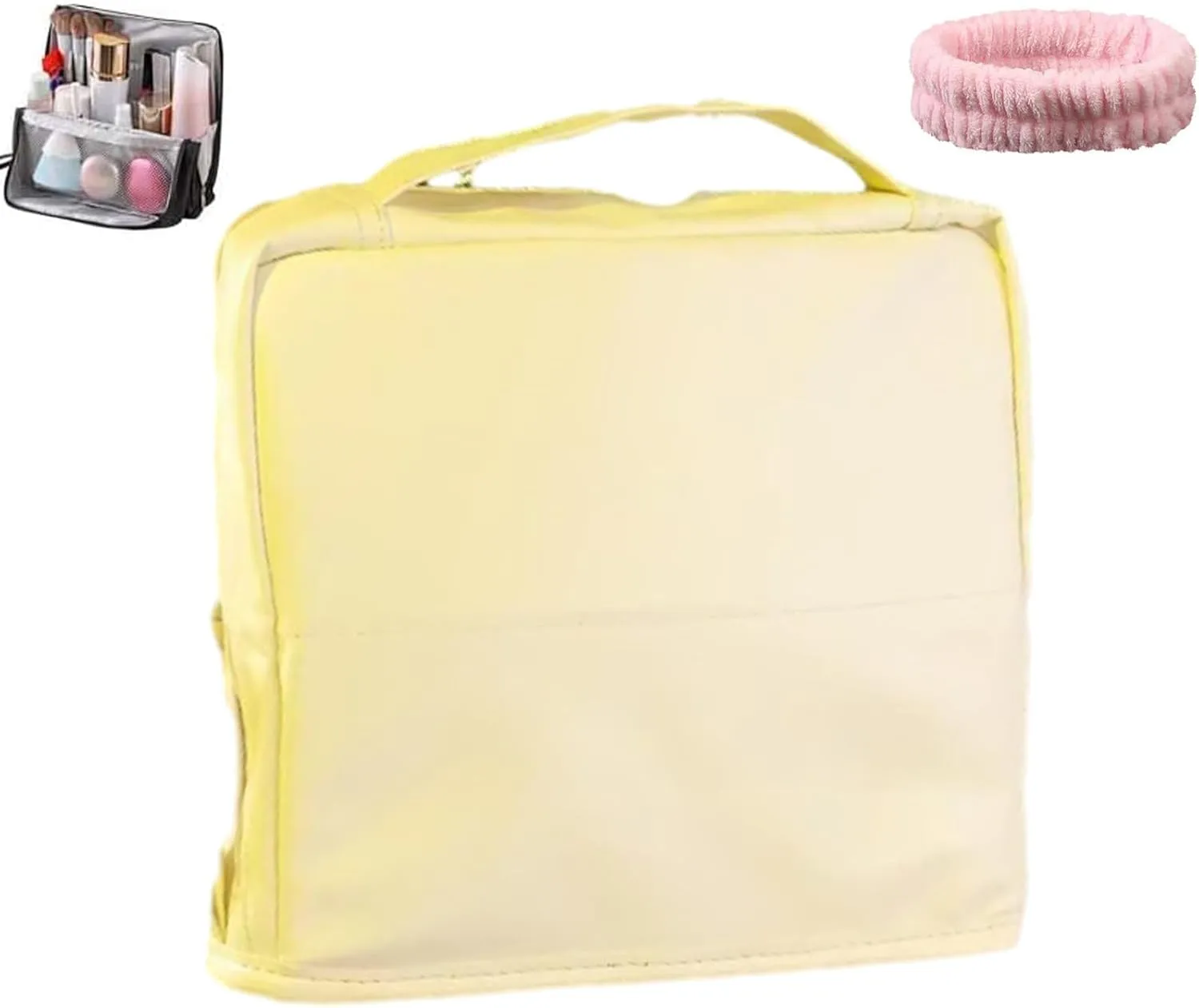 Doresty Makeup Bag with Compartments, Portable Multi-purpose Large Capacity Standing Cosmetic Bag, Travel Waterproof Spacious Vertical Toiletry Organizer (Beige-PU)