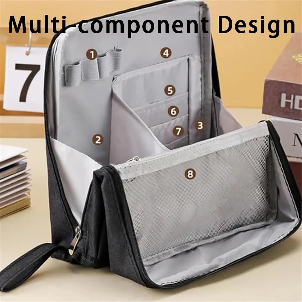 Doresty Makeup Bag with Compartments, Portable Multi-purpose Large Capacity Standing Cosmetic Bag, Travel Waterproof Spacious Vertical Toiletry Organizer (Beige-PU)