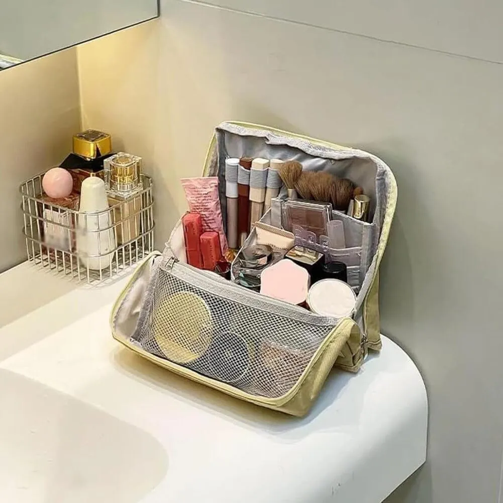 Doresty Makeup Bag with Compartments, Portable Multi-purpose Large Capacity Standing Cosmetic Bag, Travel Waterproof Spacious Vertical Toiletry Organizer (Beige-PU)