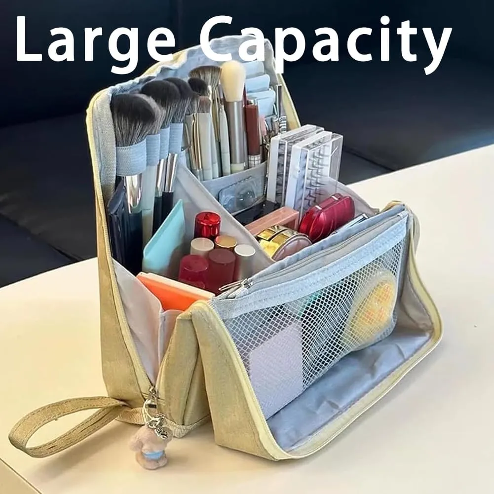 Doresty Makeup Bag with Compartments, Portable Multi-purpose Large Capacity Standing Cosmetic Bag, Travel Waterproof Spacious Vertical Toiletry Organizer (Beige-PU)