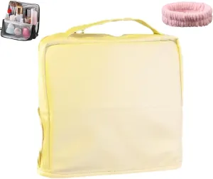 Doresty Makeup Bag with Compartments, Portable Multi-purpose Large Capacity Standing Cosmetic Bag, Travel Waterproof Spacious Vertical Toiletry Organizer (Beige-PU)