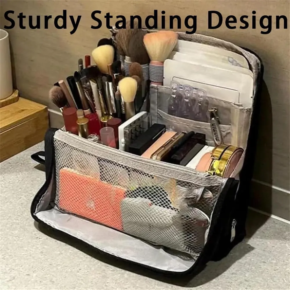 Doresty Makeup Bag with Compartments, Portable Multi-purpose Large Capacity Standing Cosmetic Bag, Travel Waterproof Spacious Vertical Toiletry Organizer (Beige-PU)