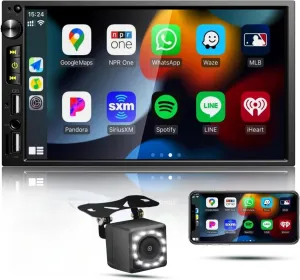 Double Din Car Stereo with Apple Carplay,7 Inch Car FM Radio with Bluetooth,IPS Touch Screen,with Car Backup Camera,Steering Wheel Controls,Android Auto,USB/TF/GPS Navigation,Mirror Link,7'' Car Audio
