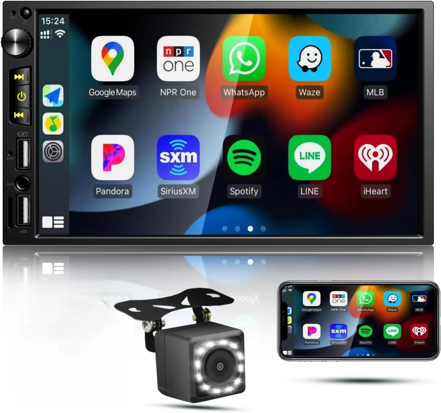 Double Din Car Stereo with Apple Carplay,7 Inch Car FM Radio with Bluetooth,IPS Touch Screen,with Car Backup Camera,Steering Wheel Controls,Android Auto,USB/TF/GPS Navigation,Mirror Link,7'' Car Audio