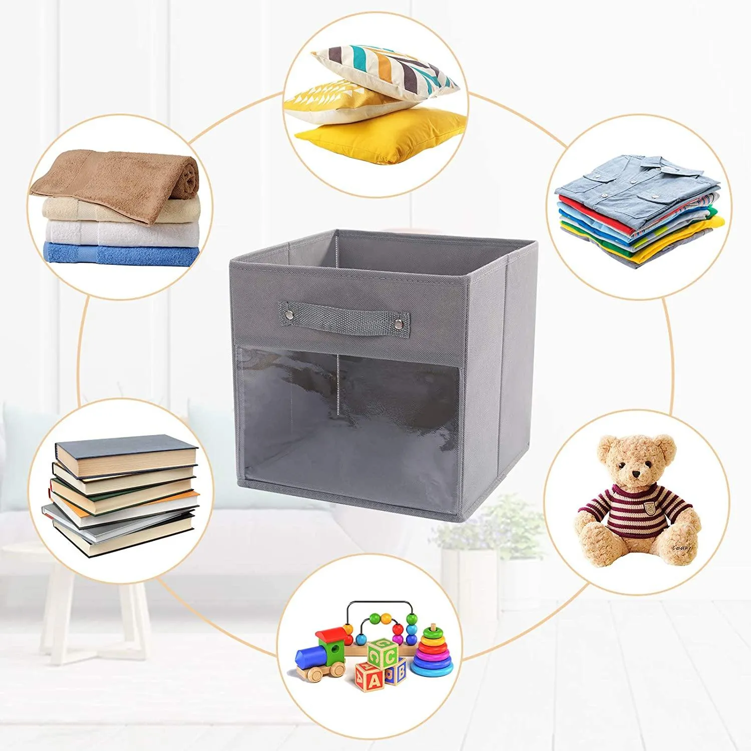 DOUBLE R BAGS Storage Cube Bins Clear Window for kids toys Office Closet Shelf (Grey)
