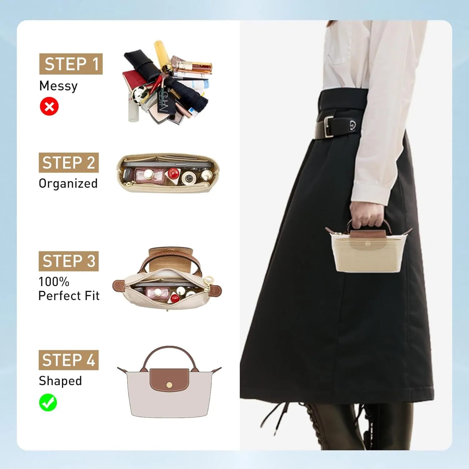 Doxo Longchamp Mini Organizer Insert,Suitable for Le pliage XS and More,Keeps Tote Handbags Shaped & Neat(Beige,Mini)