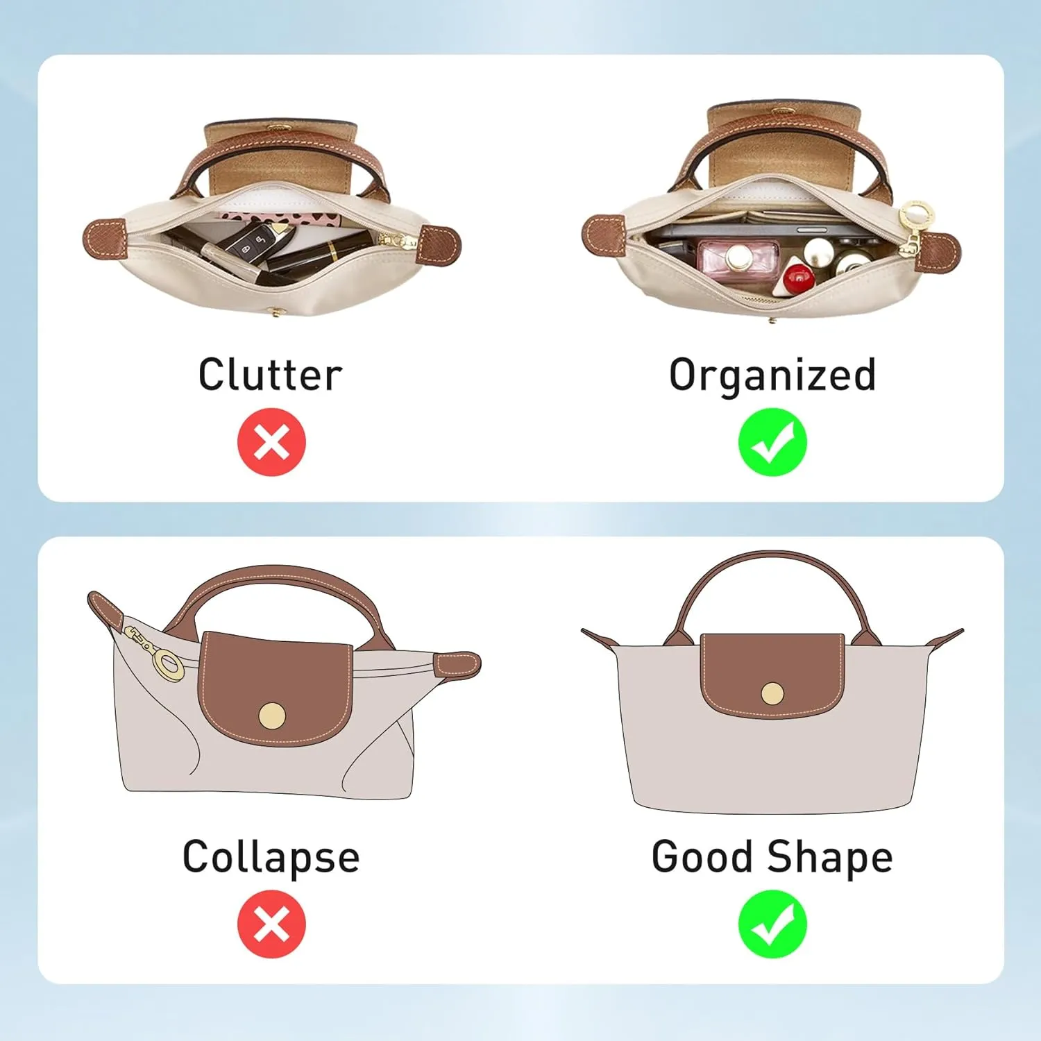 Doxo Longchamp Mini Organizer Insert,Suitable for Le pliage XS and More,Keeps Tote Handbags Shaped & Neat(Beige,Mini)