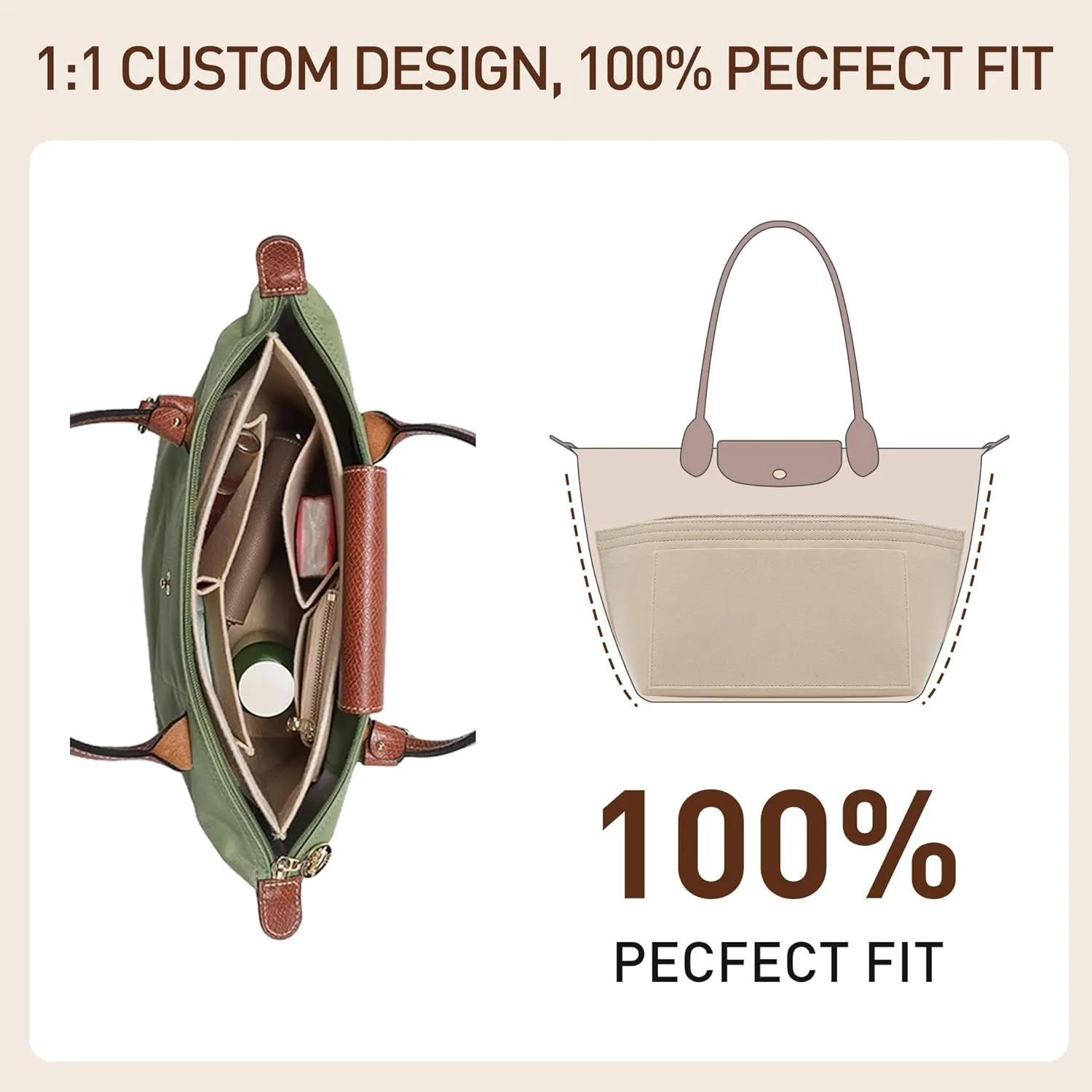 Doxo Longchamp Organizer Insert Small, Felt Bag Organizer with Multiple Pockets,Suitable for Le pliage S Handbag and More(Beige,S)