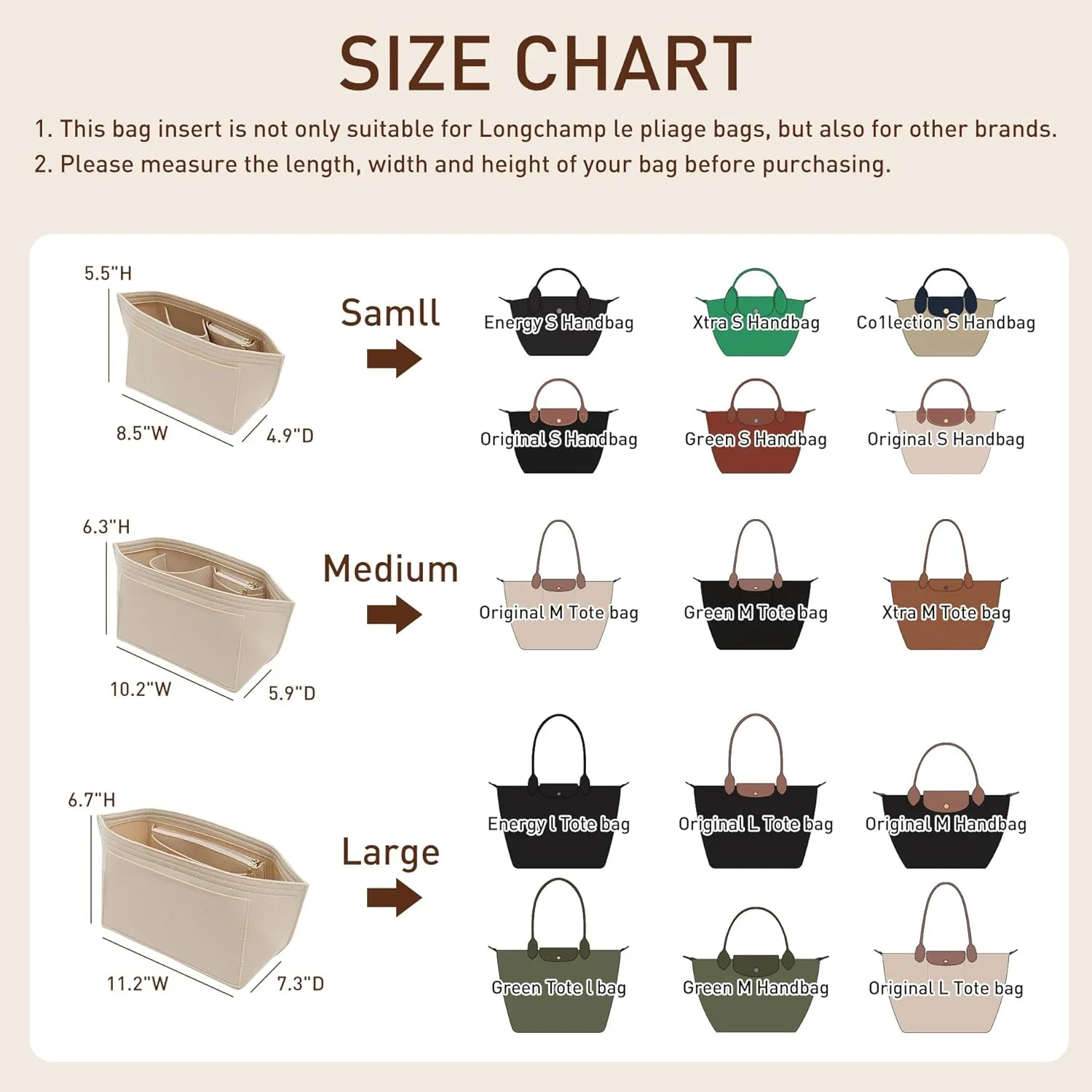 Doxo Longchamp Organizer Insert Small, Felt Bag Organizer with Multiple Pockets,Suitable for Le pliage S Handbag and More(Beige,S)