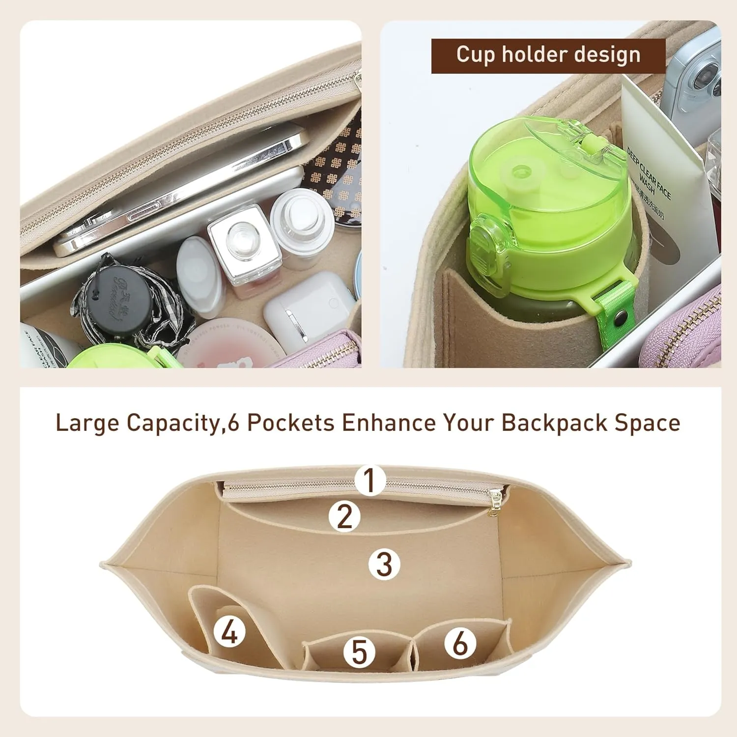 Doxo Longchamp Organizer Insert Small, Felt Bag Organizer with Multiple Pockets,Suitable for Le pliage S Handbag and More(Beige,S)