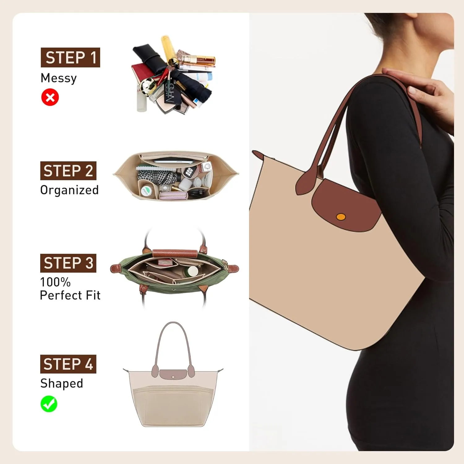 Doxo Longchamp Organizer Insert Small, Felt Bag Organizer with Multiple Pockets,Suitable for Le pliage S Handbag and More(Beige,S)