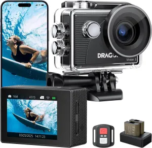 Dragon Touch Action Camera 4K 20MP 30FPS 100FT Waterproof Underwater Camera 170° Wide Angle WiFi Sports Cam with Remote 2 Batteries and Mounting Accessories Kit