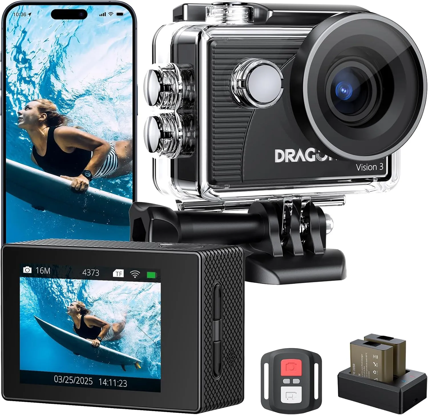 Dragon Touch Action Camera 4K 20MP 30FPS 100FT Waterproof Underwater Camera 170° Wide Angle WiFi Sports Cam with Remote 2 Batteries and Mounting Accessories Kit