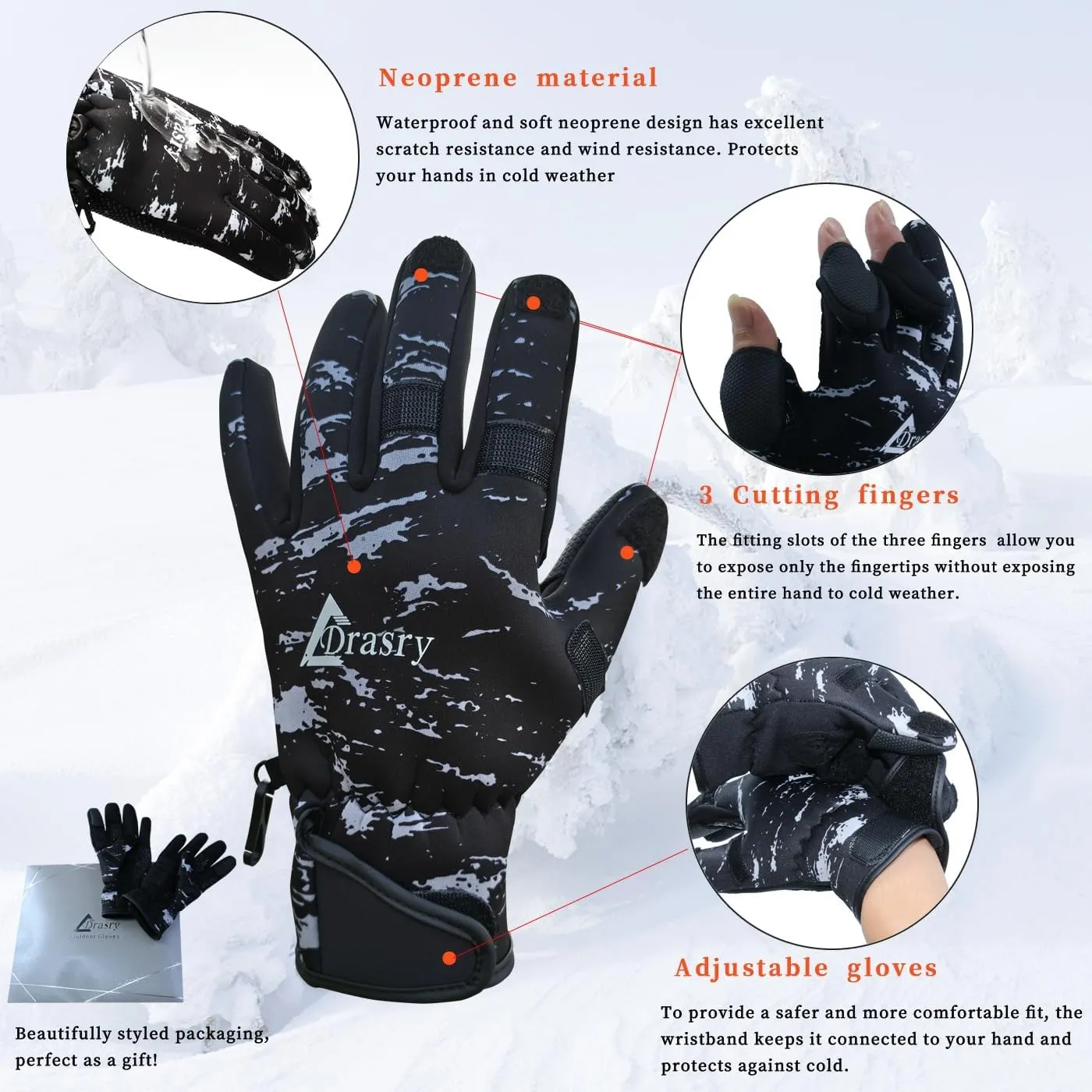 Drasry Neoprene Fishing Gloves Touchscreen 3 Cut Fingers Warm Cold Weather Suitable for Men and Women Ice Fishing Fly Fishing Photography Motorcycle Running Shooting
