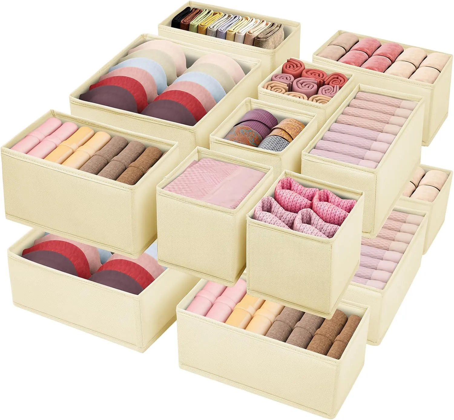 Drawer Clothing Organizer 16-Pack, Beige 3-Size Underwear Drawer Dividers, Fabric Folding Wardrobe Organizer for Baby Clothes, Bras, Underwear, Panties, Belts, Socks, Ties, etc.