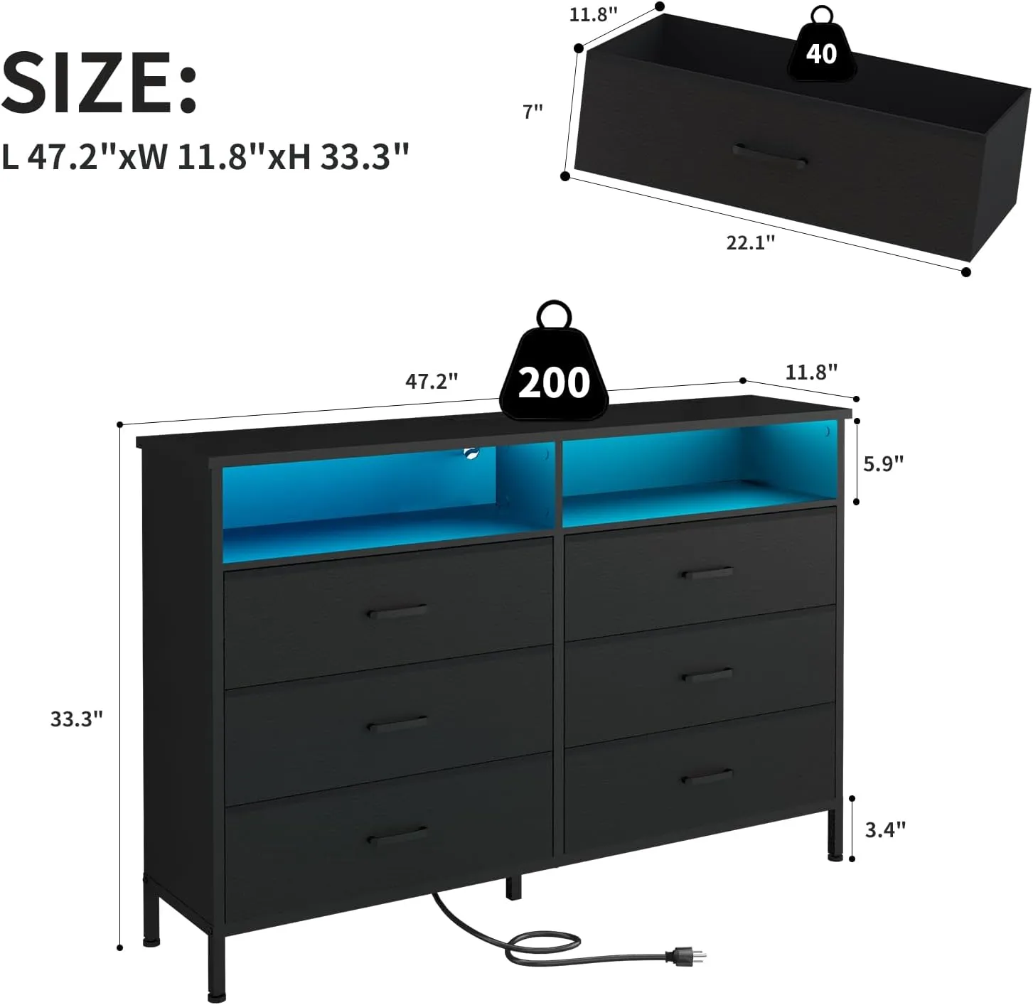Dresser for bedroom, Fabric Black Bedroom Dresser with LED Lights and Charging Station, 6 Long Drawers Dressers, Tall Wide Chest of Drawers Storage Organizer TV Stand for up to 60" TV for Living Room