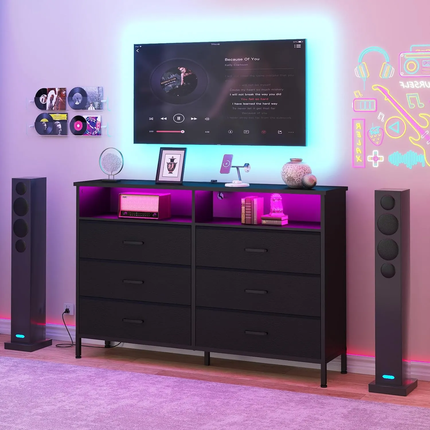 Dresser for bedroom, Fabric Black Bedroom Dresser with LED Lights and Charging Station, 6 Long Drawers Dressers, Tall Wide Chest of Drawers Storage Organizer TV Stand for up to 60" TV for Living Room