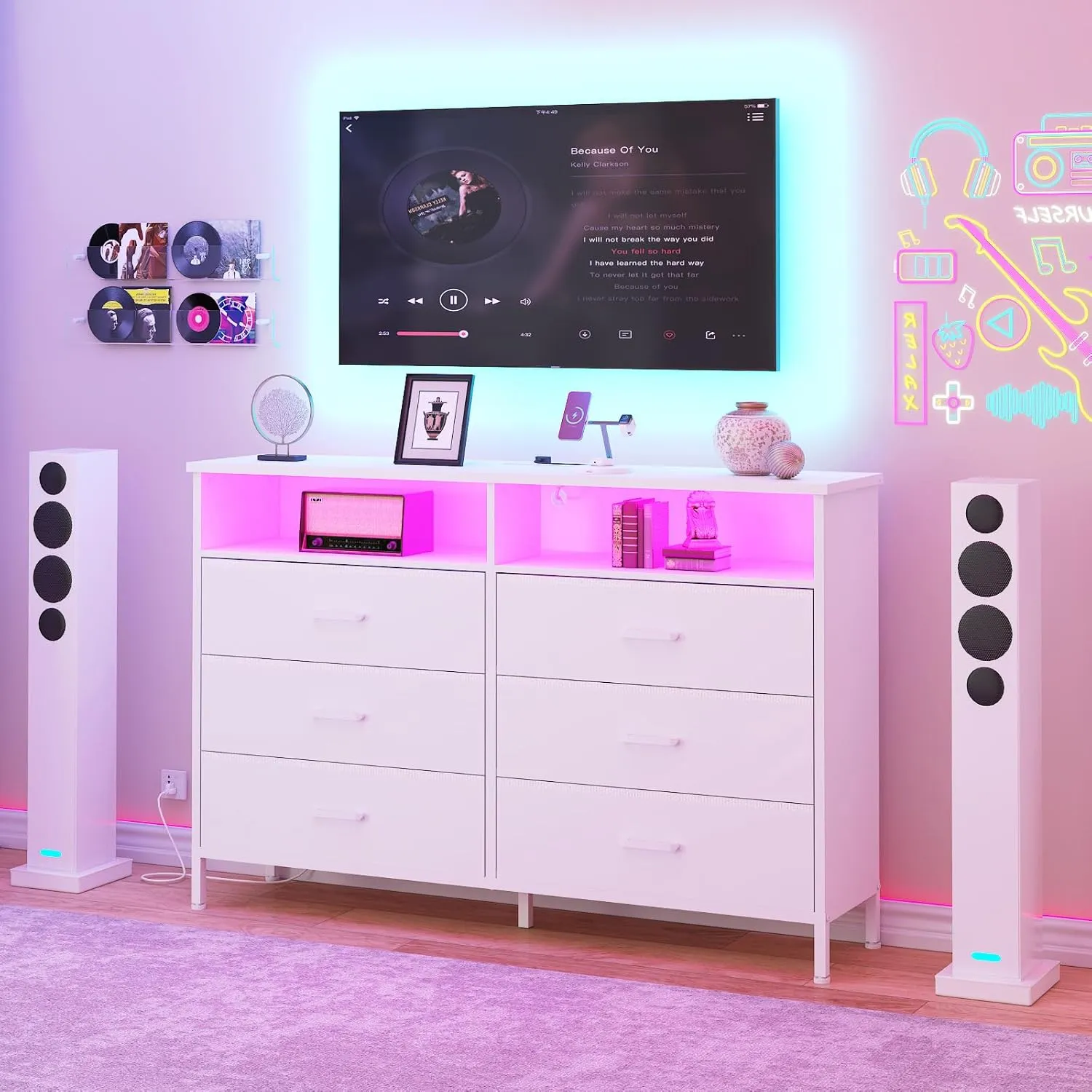 Dresser for bedroom, Fabric White Bedroom Dresser with LED Lights and Charging Station, 6 Long Drawers Dressers, Tall Wide Chest of Drawers Storage Organizer TV Stand for up to 60" TV for Living Room