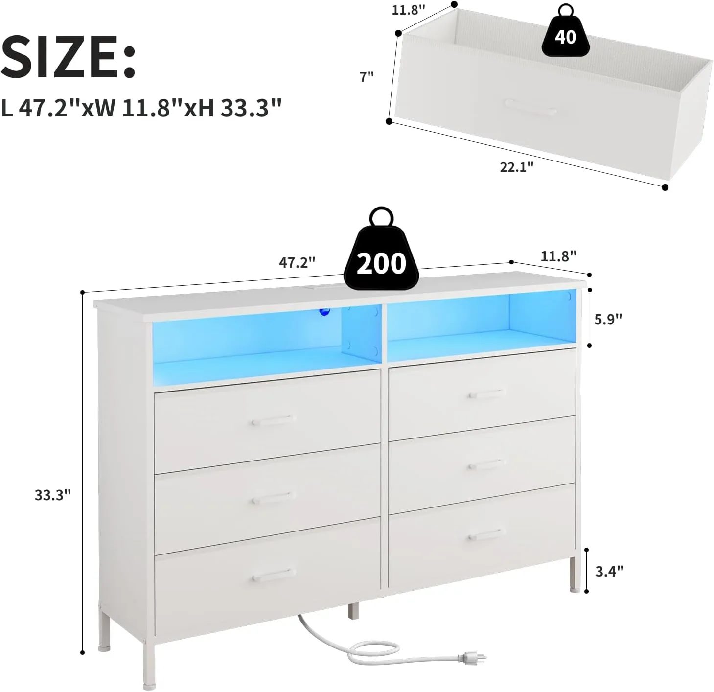 Dresser for bedroom, Fabric White Bedroom Dresser with LED Lights and Charging Station, 6 Long Drawers Dressers, Tall Wide Chest of Drawers Storage Organizer TV Stand for up to 60" TV for Living Room