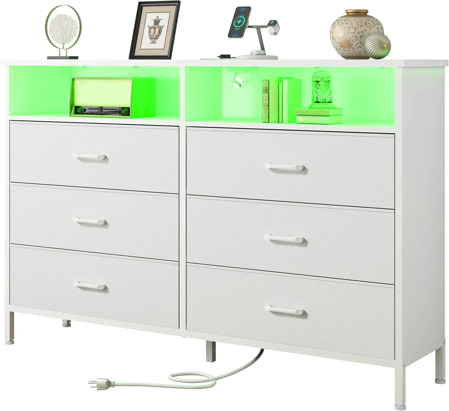 Dresser for bedroom, Fabric White Bedroom Dresser with LED Lights and Charging Station, 6 Long Drawers Dressers, Tall Wide Chest of Drawers Storage Organizer TV Stand for up to 60" TV for Living Room
