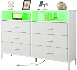 Dresser for bedroom, Fabric White Bedroom Dresser with LED Lights and Charging Station, 6 Long Drawers Dressers, Tall Wide Chest of Drawers Storage Organizer TV Stand for up to 60" TV for Living Room