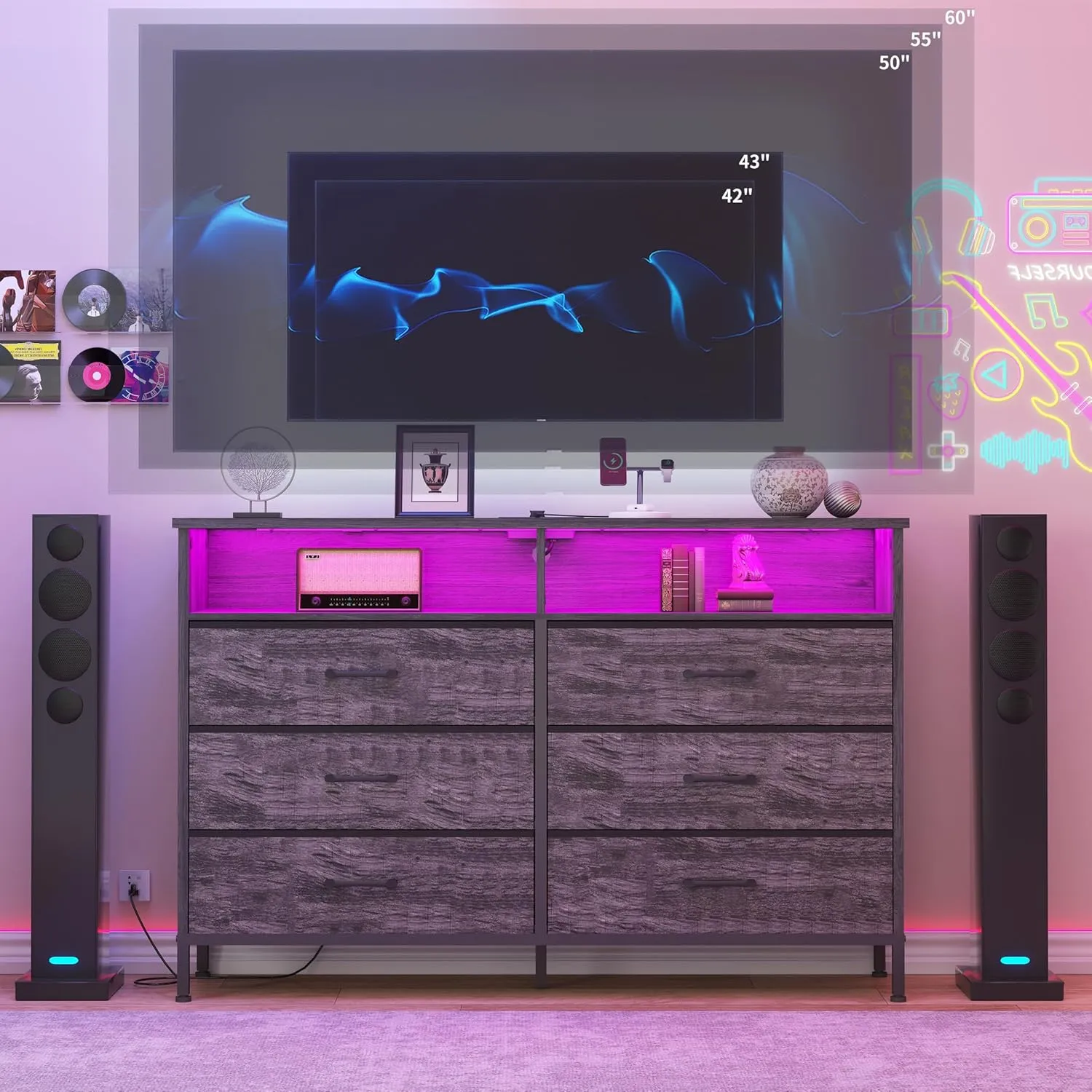 Dresser for Bedroom, Grey Bedroom Dresser with LED Lights and Charging Station, 6 Long Drawers Dressers, Tall Wide Fabric Chest of Drawers Storage Organizer TV Stand for up to 60" TV for Living Room