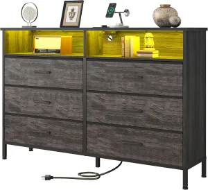Dresser for Bedroom, Grey Bedroom Dresser with LED Lights and Charging Station, 6 Long Drawers Dressers, Tall Wide Fabric Chest of Drawers Storage Organizer TV Stand for up to 60" TV for Living Room