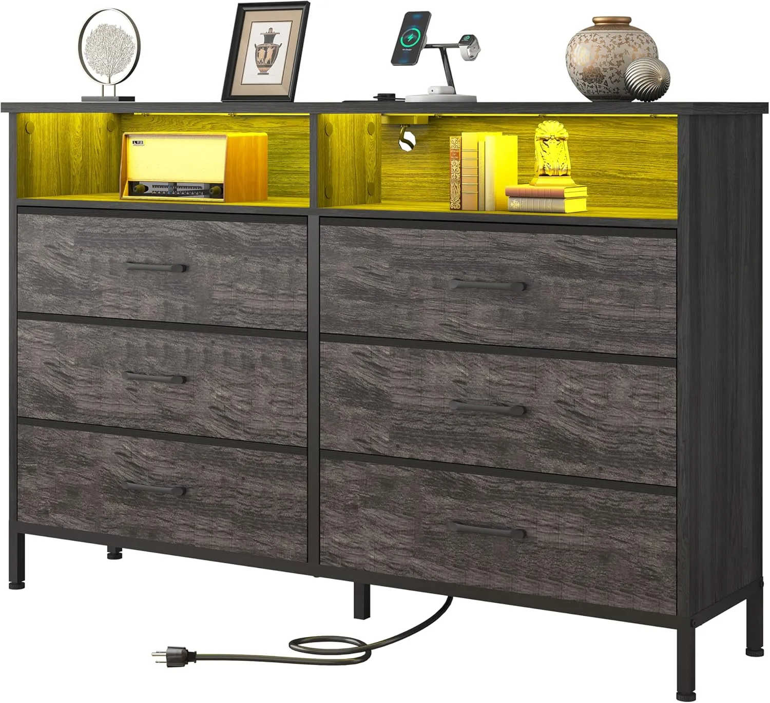 Dresser for Bedroom, Grey Bedroom Dresser with LED Lights and Charging Station, 6 Long Drawers Dressers, Tall Wide Fabric Chest of Drawers Storage Organizer TV Stand for up to 60" TV for Living Room