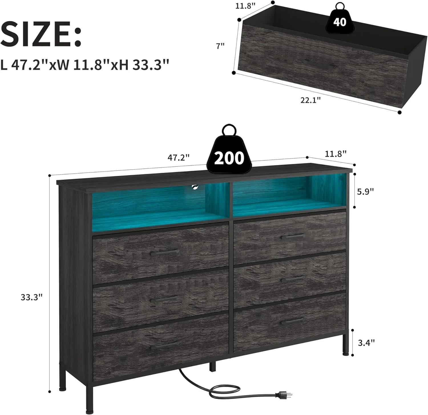 Dresser for Bedroom, Grey Bedroom Dresser with LED Lights and Charging Station, 6 Long Drawers Dressers, Tall Wide Fabric Chest of Drawers Storage Organizer TV Stand for up to 60" TV for Living Room