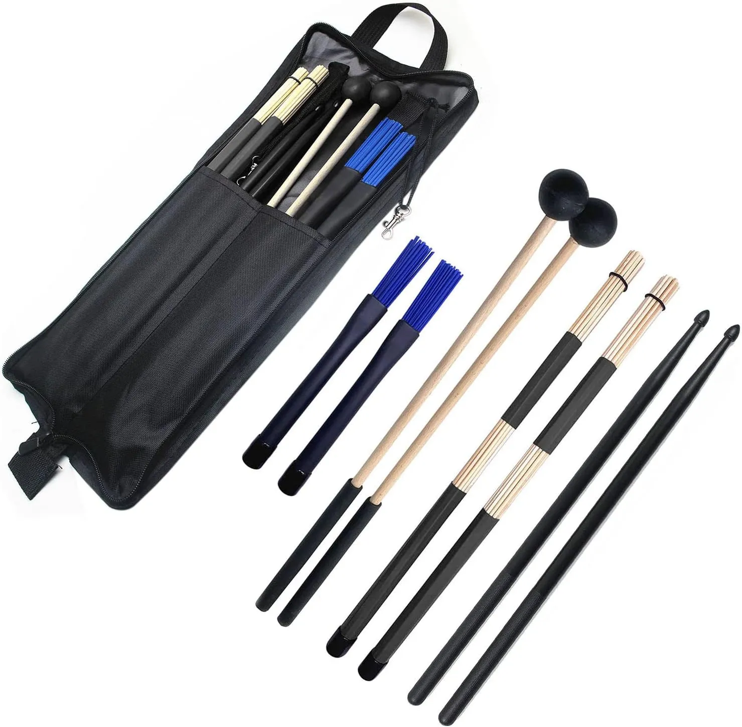 Drum Stick Bag Portable Drumstick Storage Handbag with Drumsticks Drum Brushes Stick Set 4Pair Percussion Instrument Accessories for Jazz Acoustic Drummer Practice, Rock Band, Students Black