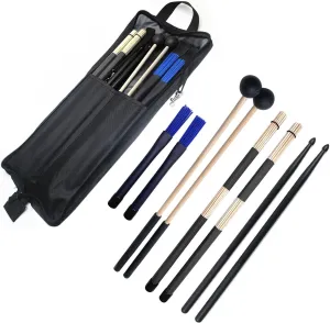 Drum Stick Bag Portable Drumstick Storage Handbag with Drumsticks Drum Brushes Stick Set 4Pair Percussion Instrument Accessories for Jazz Acoustic Drummer Practice, Rock Band, Students Black