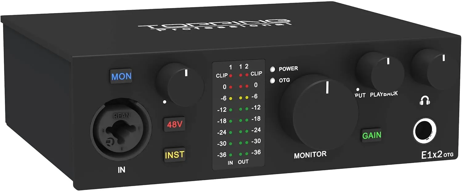 E1X2 OTG USB Audio Interface | XLR Mic Preamp, 48V Phantom Power, 24bit/192kHz, 8 DAW/6 Loopback Channels, PC & Mobile Recording, Dual Livestream, Zero-Latency Mixer, High-Res Playback(Black)