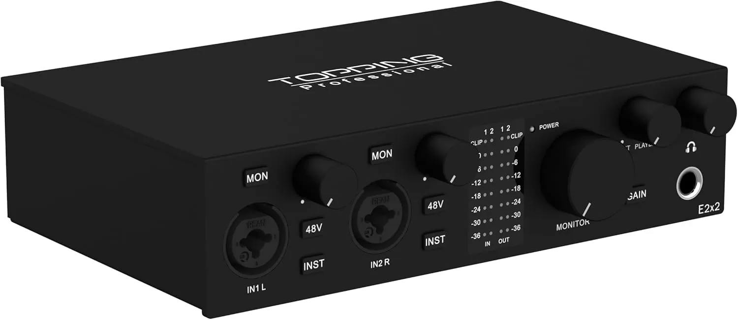 E2X2 USB Audio Interface - High-Performance Mixer & Recording Interface for PC, Mac, iPhone & Android - Ultra-Linear Preamp, 48V Phantom Power, Low Noise, Real-Time Monitoring (Black)