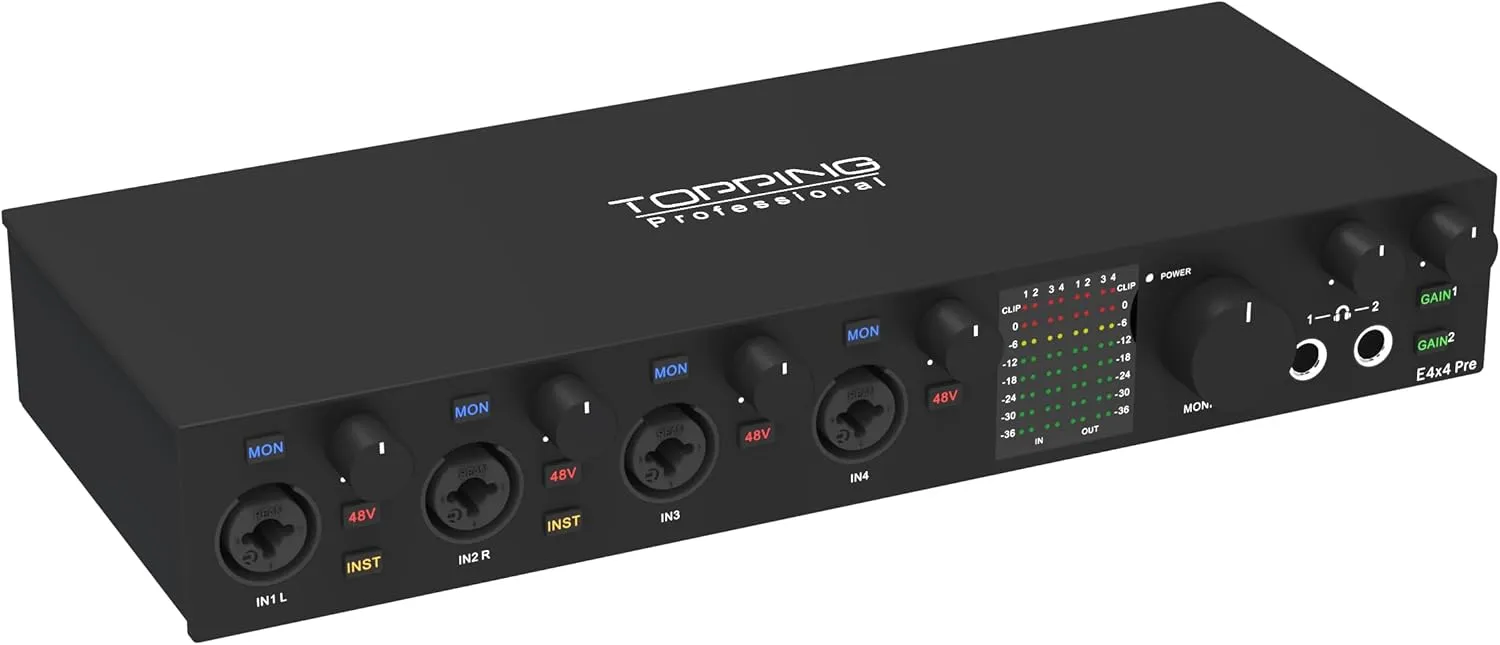 E4X4 Pre USB Audio Interface - Dual USB-C Ports, 24bit/192kHz, 4IN/4OUT, Dual Headphone Outputs, Low Noise, Real-Time Monitoring, Mixer, for PC, Mac, iPhone, Professional Recording(Black)