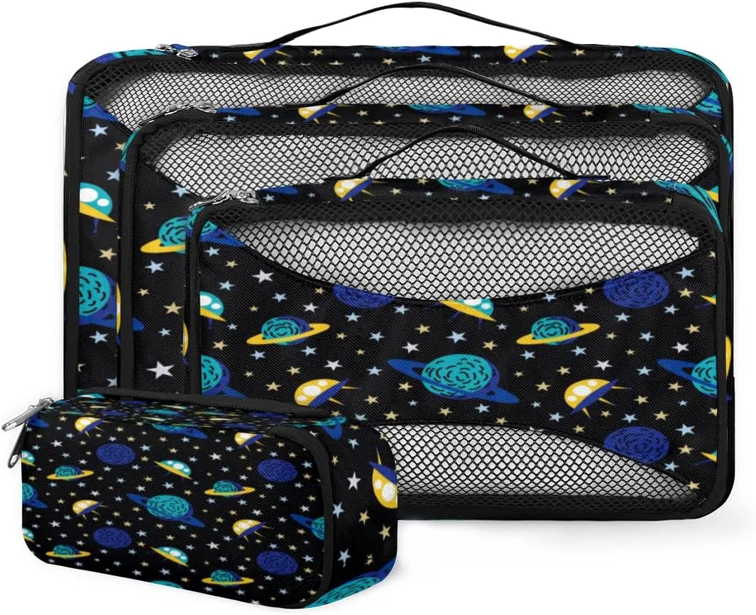 Earth And Spacecraft 4 Piece Packing Travel Organizer Cubes Set Mesh Fabric Ventilate Design Lightweight Travel Accessories 4 Sizes (Extra Large, Large, Medium, Small)