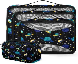 Earth And Spacecraft 4 Piece Packing Travel Organizer Cubes Set Mesh Fabric Ventilate Design Lightweight Travel Accessories 4 Sizes (Extra Large, Large, Medium, Small)