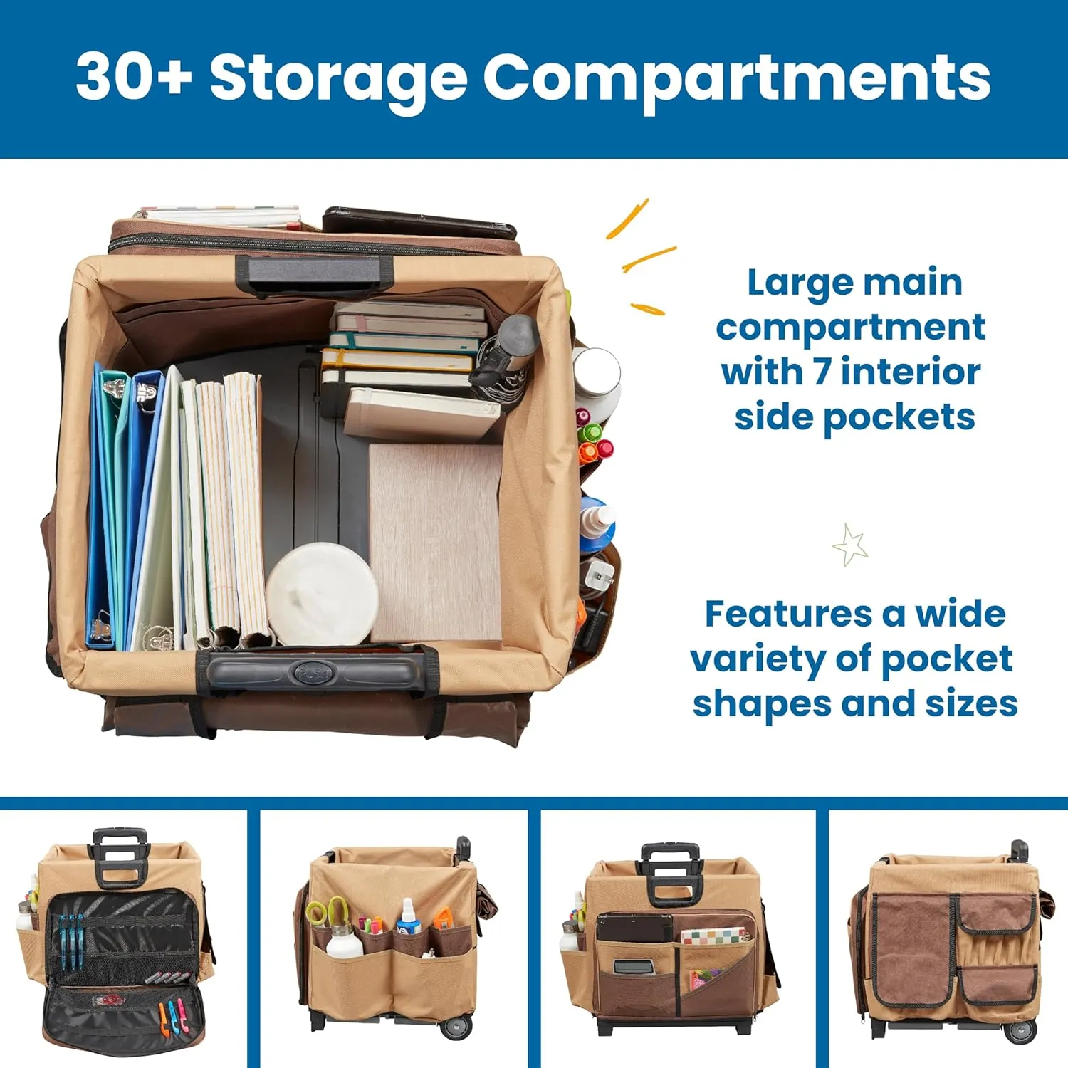 ECR4Kids Universal Rolling Cart with Canvas Organizer Bag, Mobile Storage, Chocolate/Sand