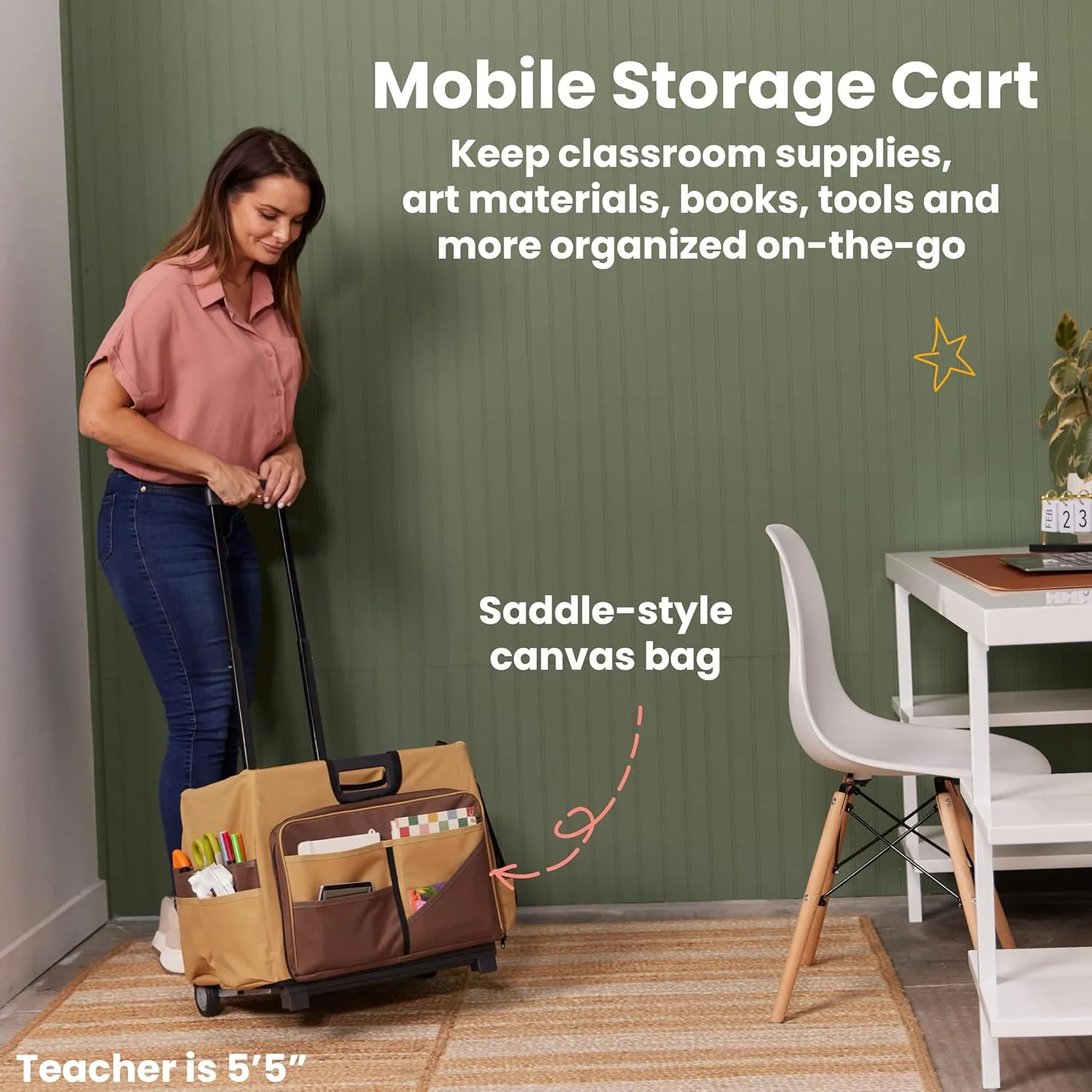 ECR4Kids Universal Rolling Cart with Canvas Organizer Bag, Mobile Storage, Chocolate/Sand