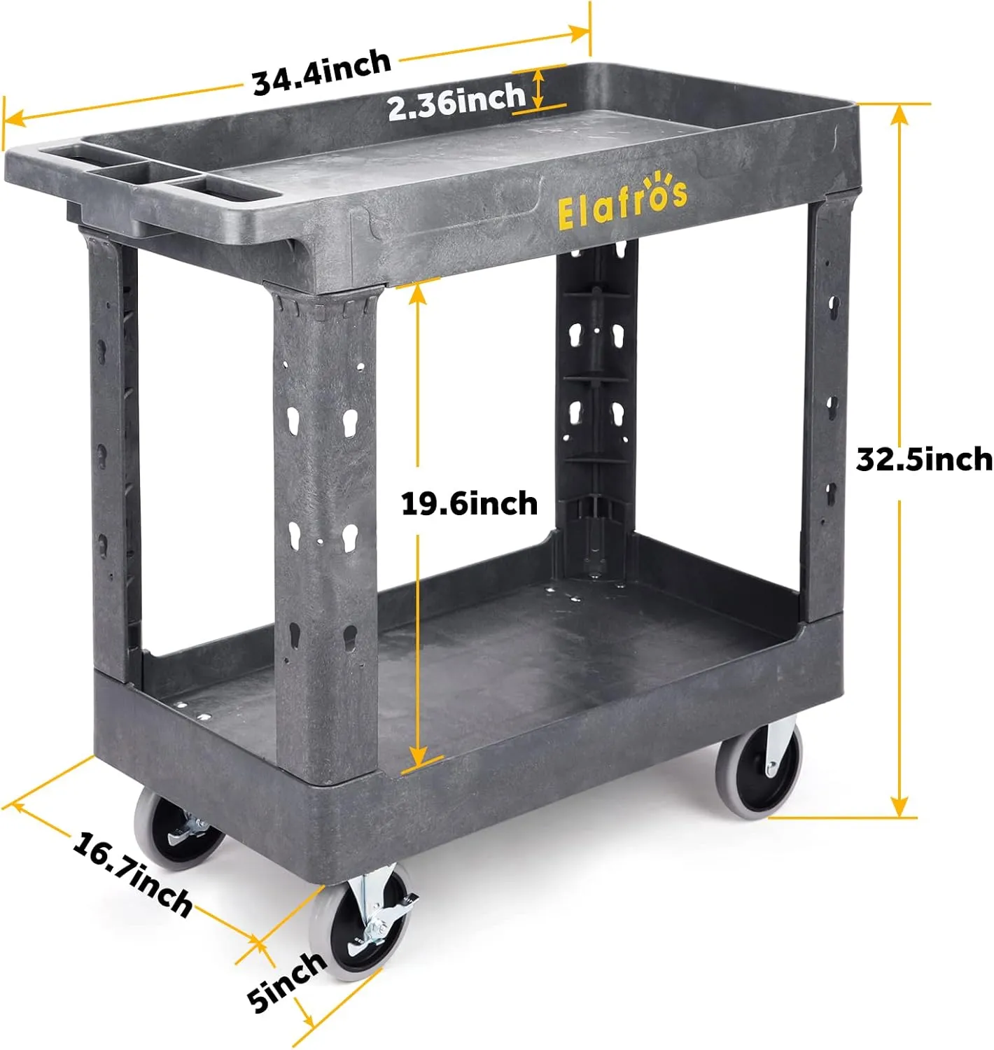 ELAFROS Heavy Duty Plastic Utility Cart 34 x 17 Inch - Work Cart Tub Storage W/Deep Shelves and Full Swivel Wheels Safely Holds up to 550 lbs - 2 Tier Service Cart for Warehouse,Garage, Cleaning,gary