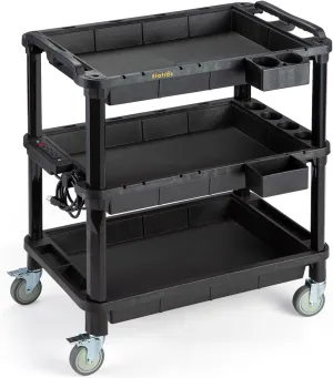 ELAFROS Multi-Use Plastic Utility Cart - 32.4x18.3 Rolling Cart, Service Cart with 3 Deep Shelves, Industrial Work Cart Organizer, 500 lbs Capacity, Black, with Power Strip