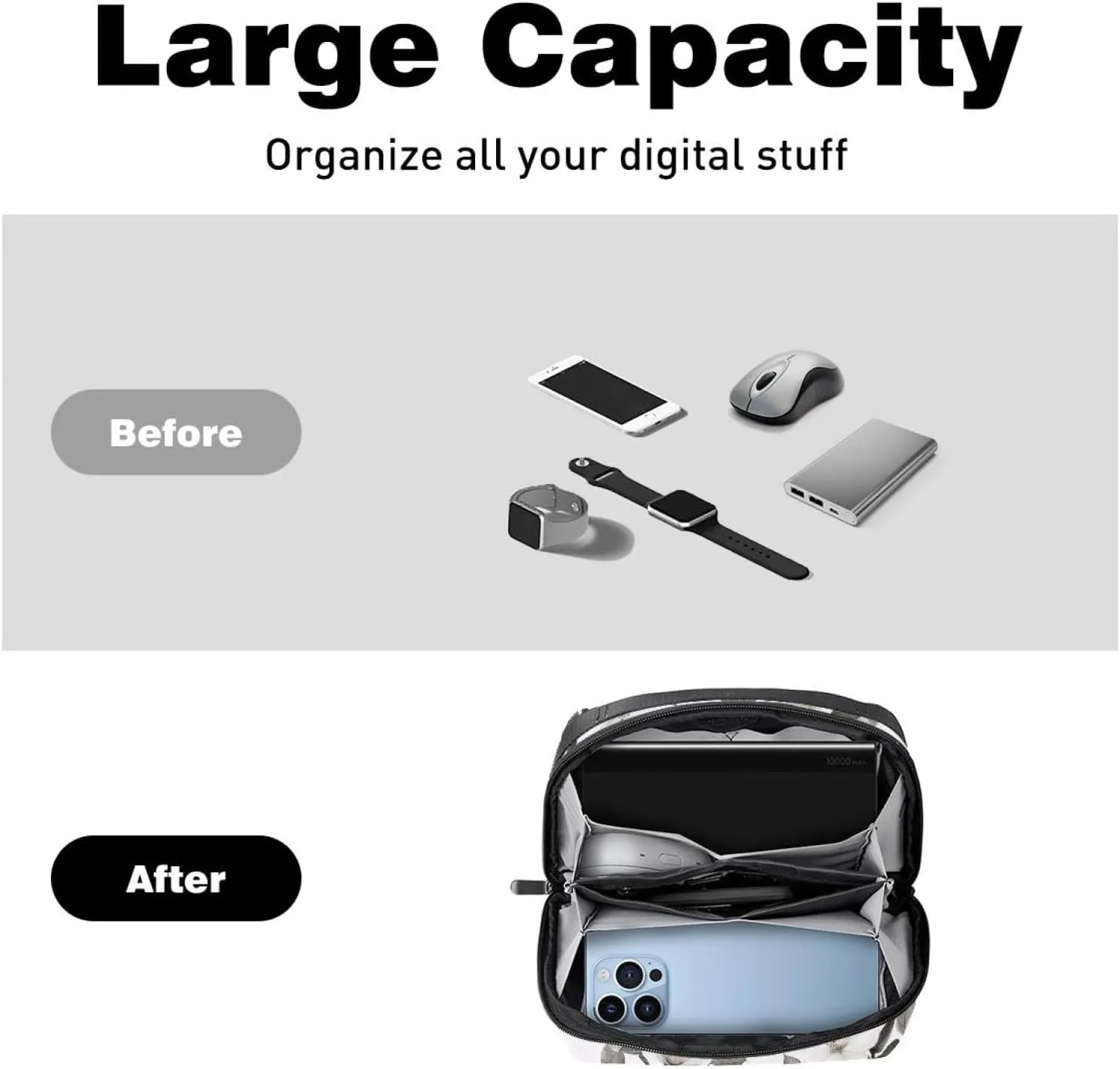 Electronics Organizer, Seamless White Flowers Pattern Small Travel Cable Organizer Carrying Bag, Compact Tech Case Bag for Electronic Accessories, Cords, Charger, USB, Hard Drives