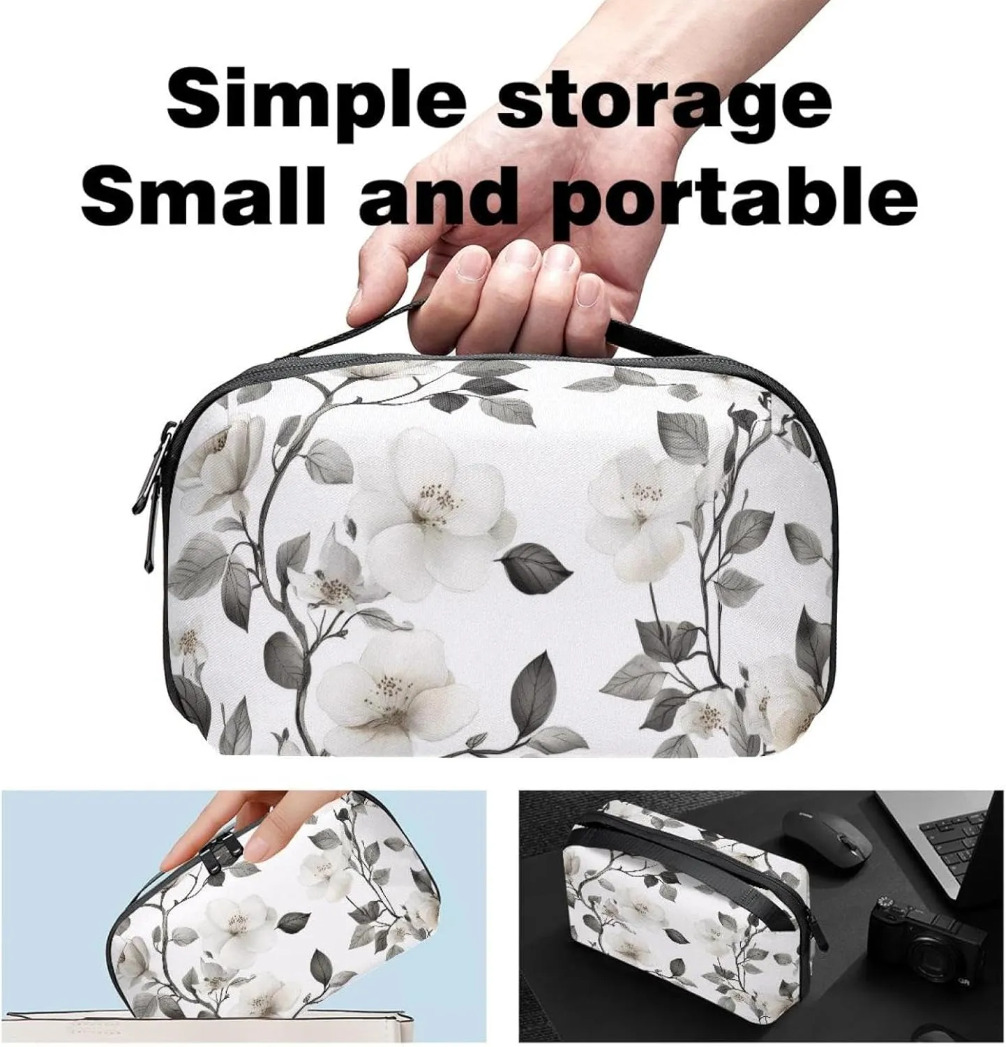 Electronics Organizer, Seamless White Flowers Pattern Small Travel Cable Organizer Carrying Bag, Compact Tech Case Bag for Electronic Accessories, Cords, Charger, USB, Hard Drives