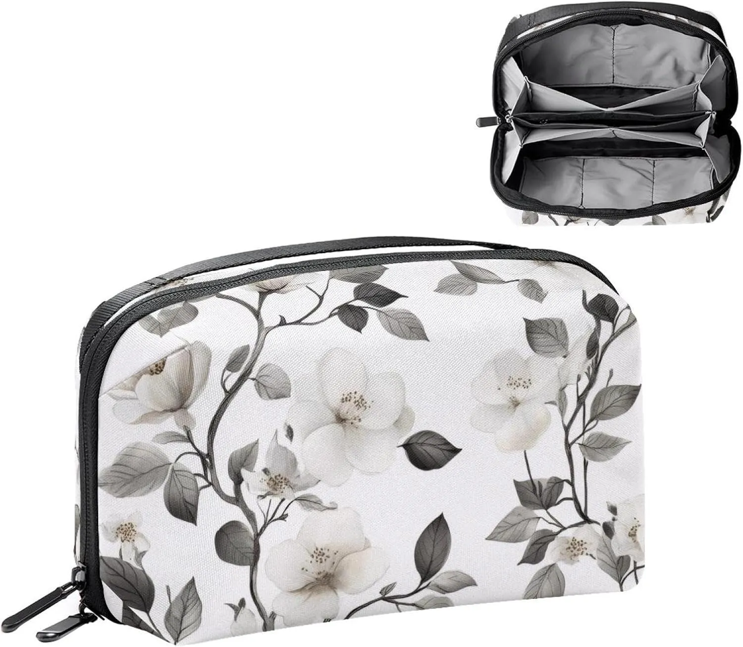 Electronics Organizer, Seamless White Flowers Pattern Small Travel Cable Organizer Carrying Bag, Compact Tech Case Bag for Electronic Accessories, Cords, Charger, USB, Hard Drives
