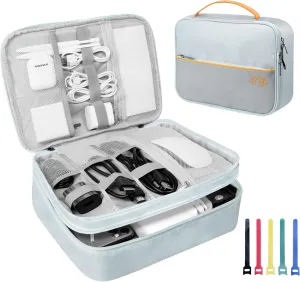 Electronics Travel Organizer, Large Double Layer Portable Waterproof Travel Organizer Bag for Charging Cable Storage, Ipad, Power Bank, Business and School ,5pcs Cable Ties-Grey