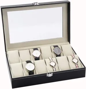 Elegant Large Watch Box Organizer for Men Women with 12 Slots, Transparent top, Portable Leather Watch Holder Mens Watches Case Storage Best Gift for The Husband, (Black,31x 20 x 8cm)